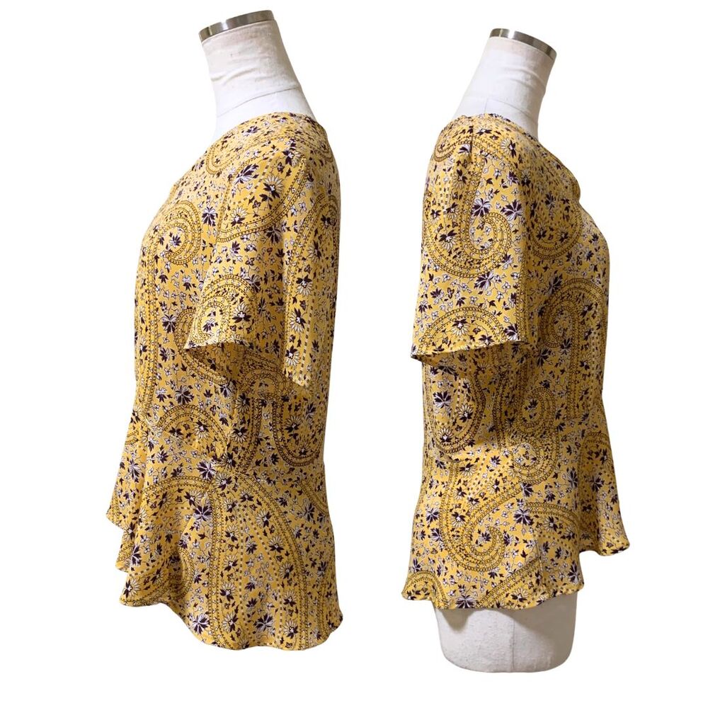 Ann Taylor Yellow Paisley Floral Peplum Top SP V-Neck Short Sleeve - Picture 3 of 8